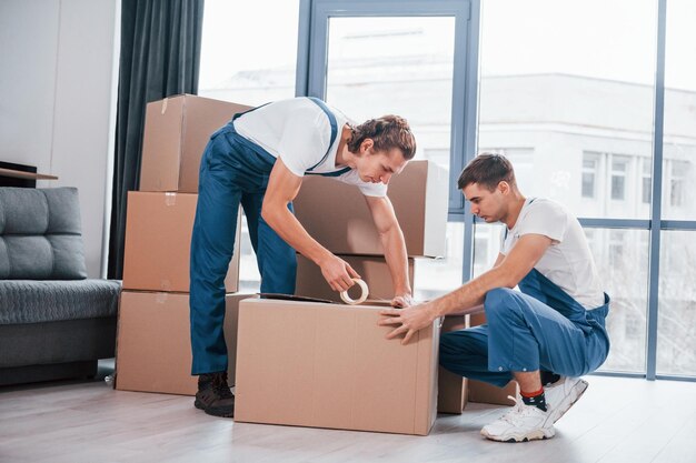 packaging box two young movers blue uniform working indoors room 146671 52042